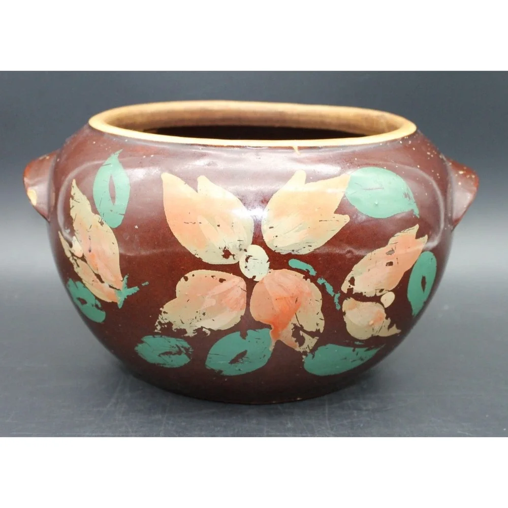 Vintage USA Pottery Brown Floral Bean Pot Crock 2 Handle Hand Painted Stoneware